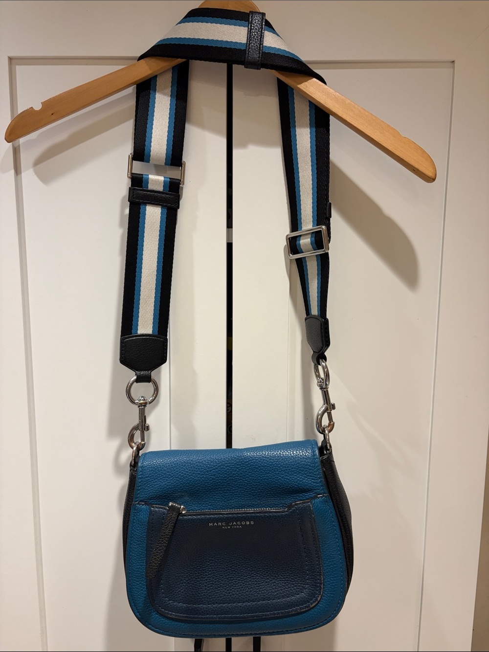 Marc Jacobs Blue Teal Pebbled Leather Crossbody with Striped canvas Strap